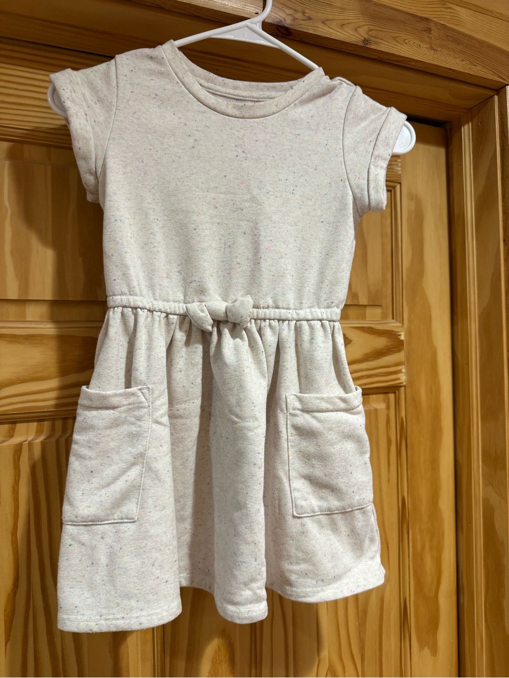 Girls' Cream Speckled Pocket Tie-Waist Dress